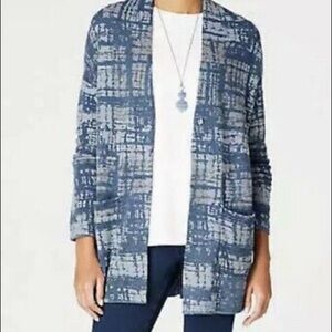 J. Jill Purejill Indigo Blue and Gray Patterned Long Cardigan Sweater Size SP